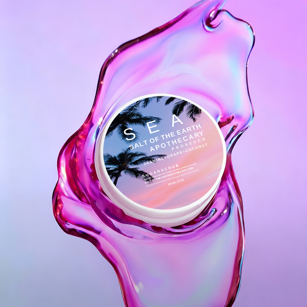 Cosmetic container with 'Sea of the Earth' branding on a gradient purple background